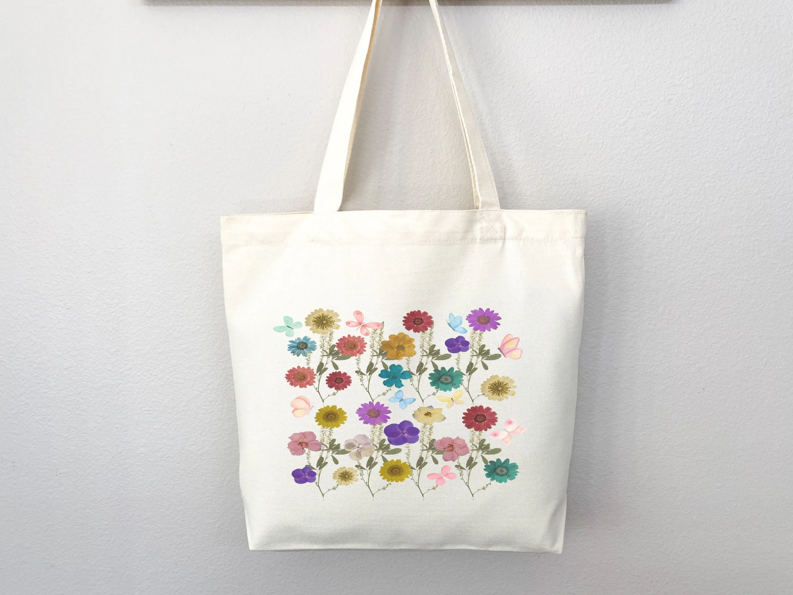 Colorful Flowers And Butterflies Pattern Tote Bag