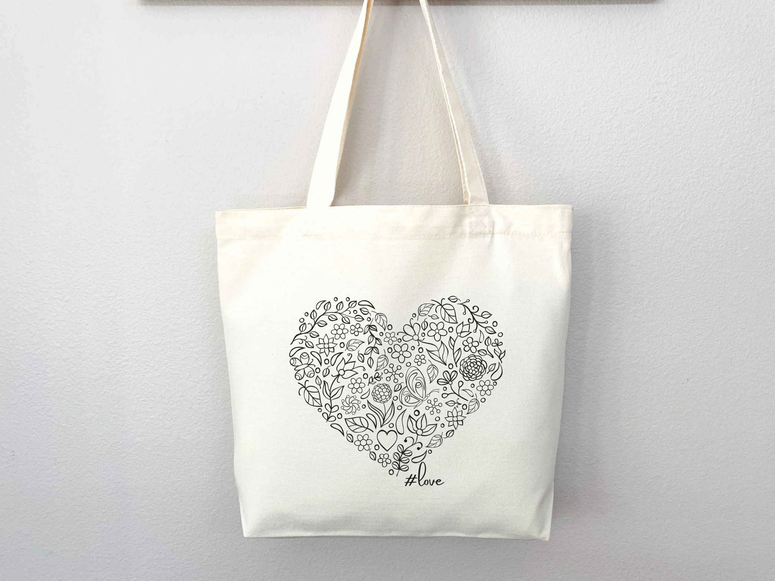 Doodled Floral Heart Pattern Canvas Tote Bag