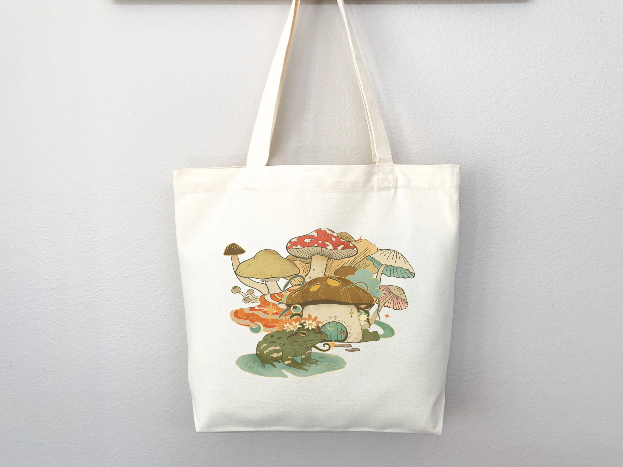 Frog and Mushroom House Canvas Tote Bag