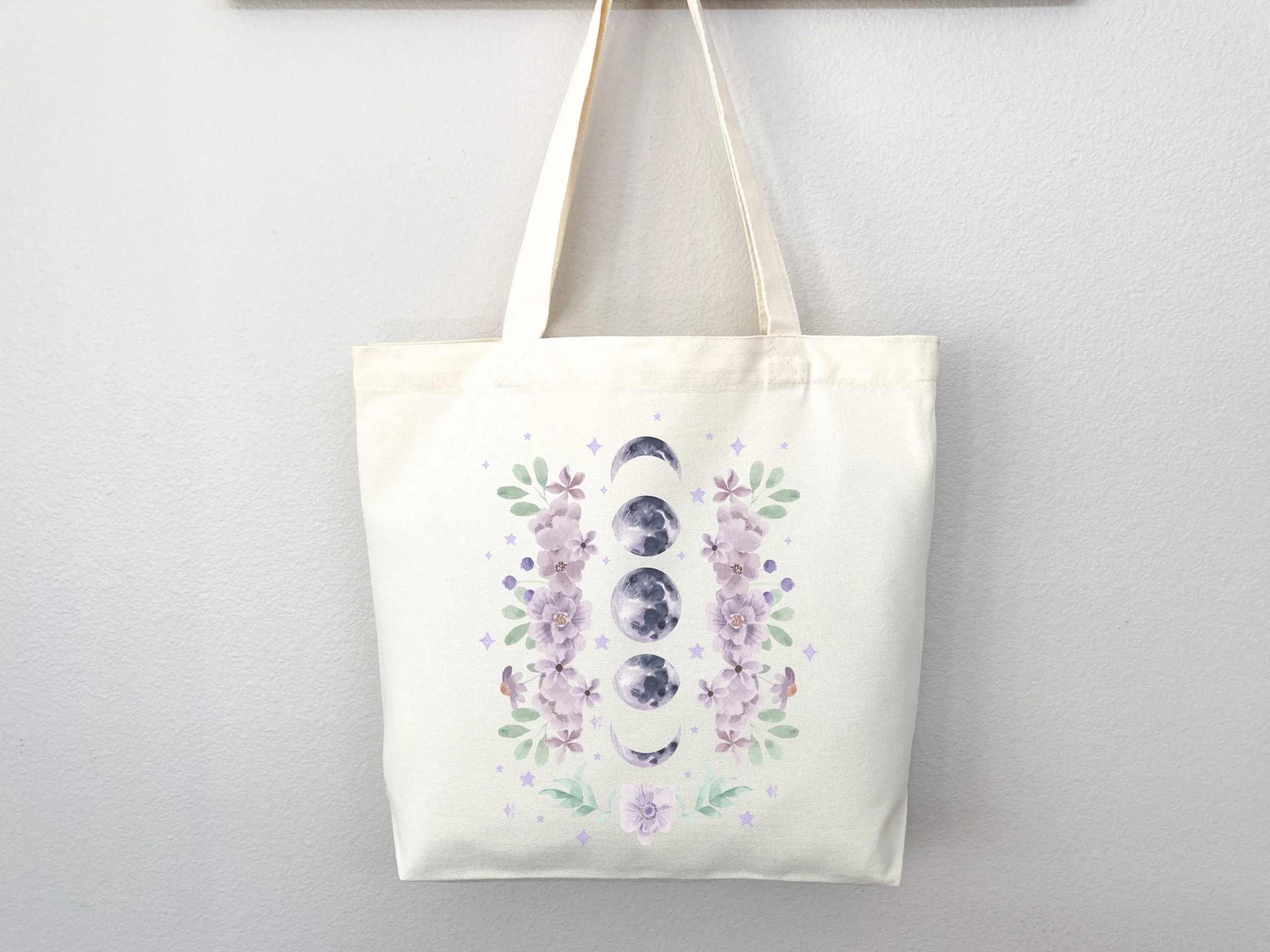 Moon Phase and Floral Canvas Tote Bag