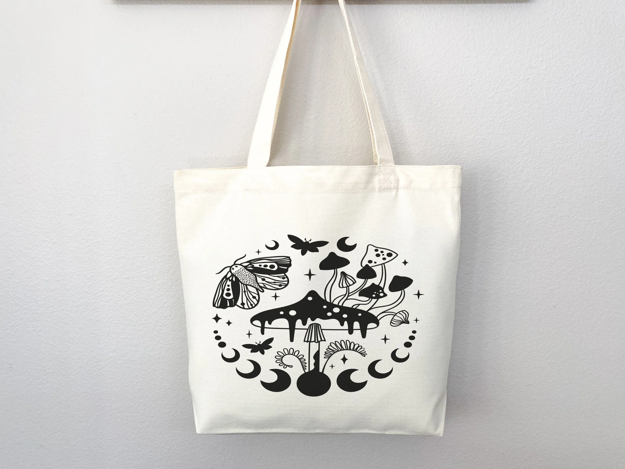 Moth, Mushroom, and Moon Phase Canvas Tote Bag