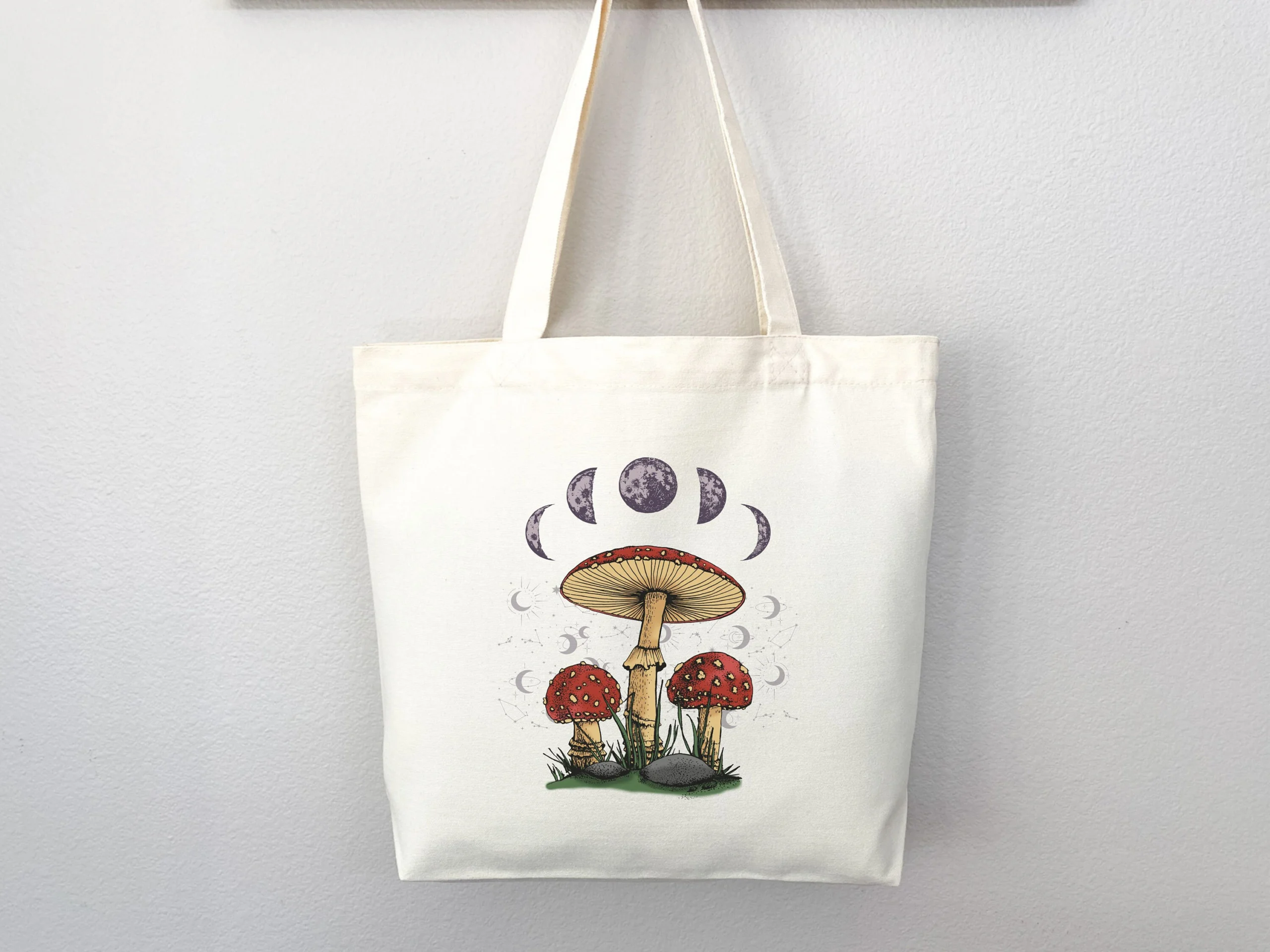 Mushroom and Moon Phases Canvas Tote Bag