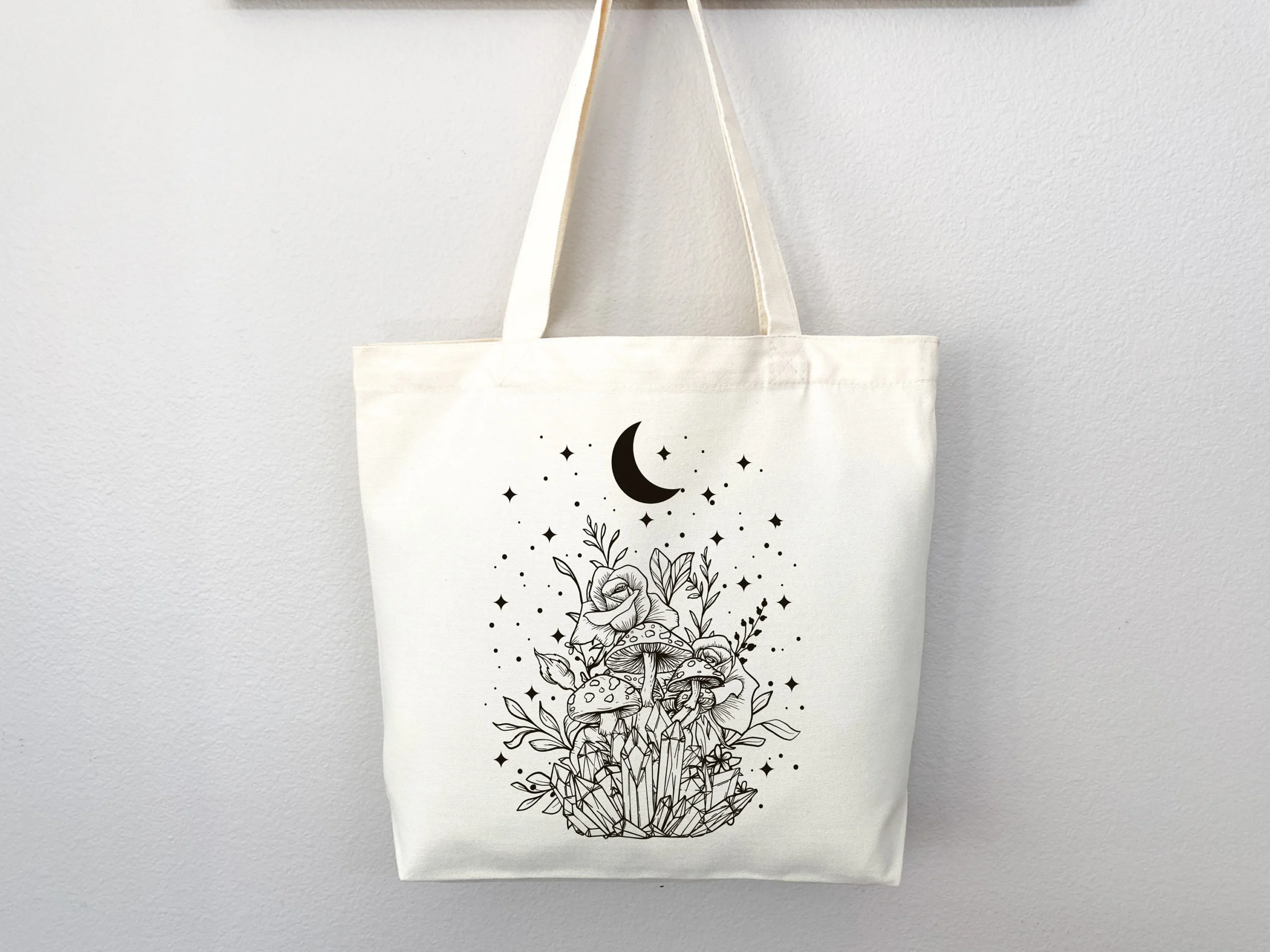 Mushroom, Floral, and Crystal Canvas Tote Bag