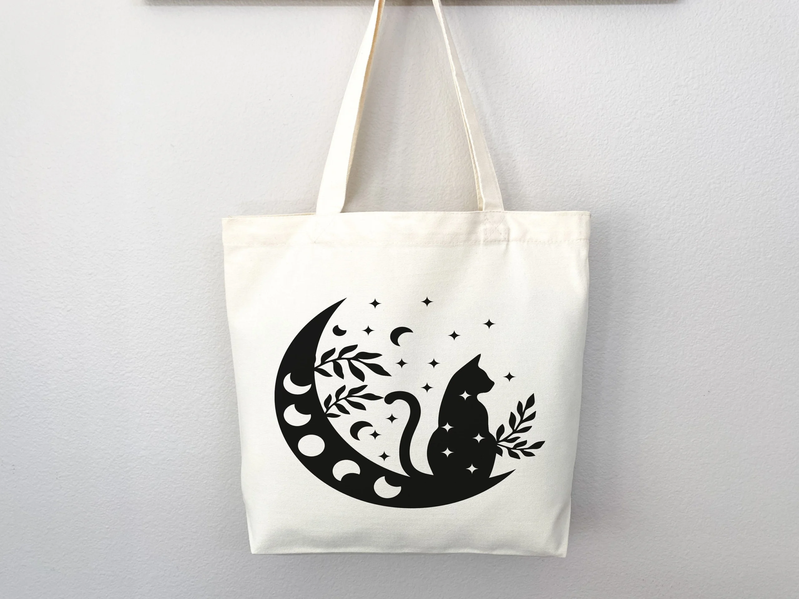 Mystical Cat On Crescent Moon Canvas Tote Bag