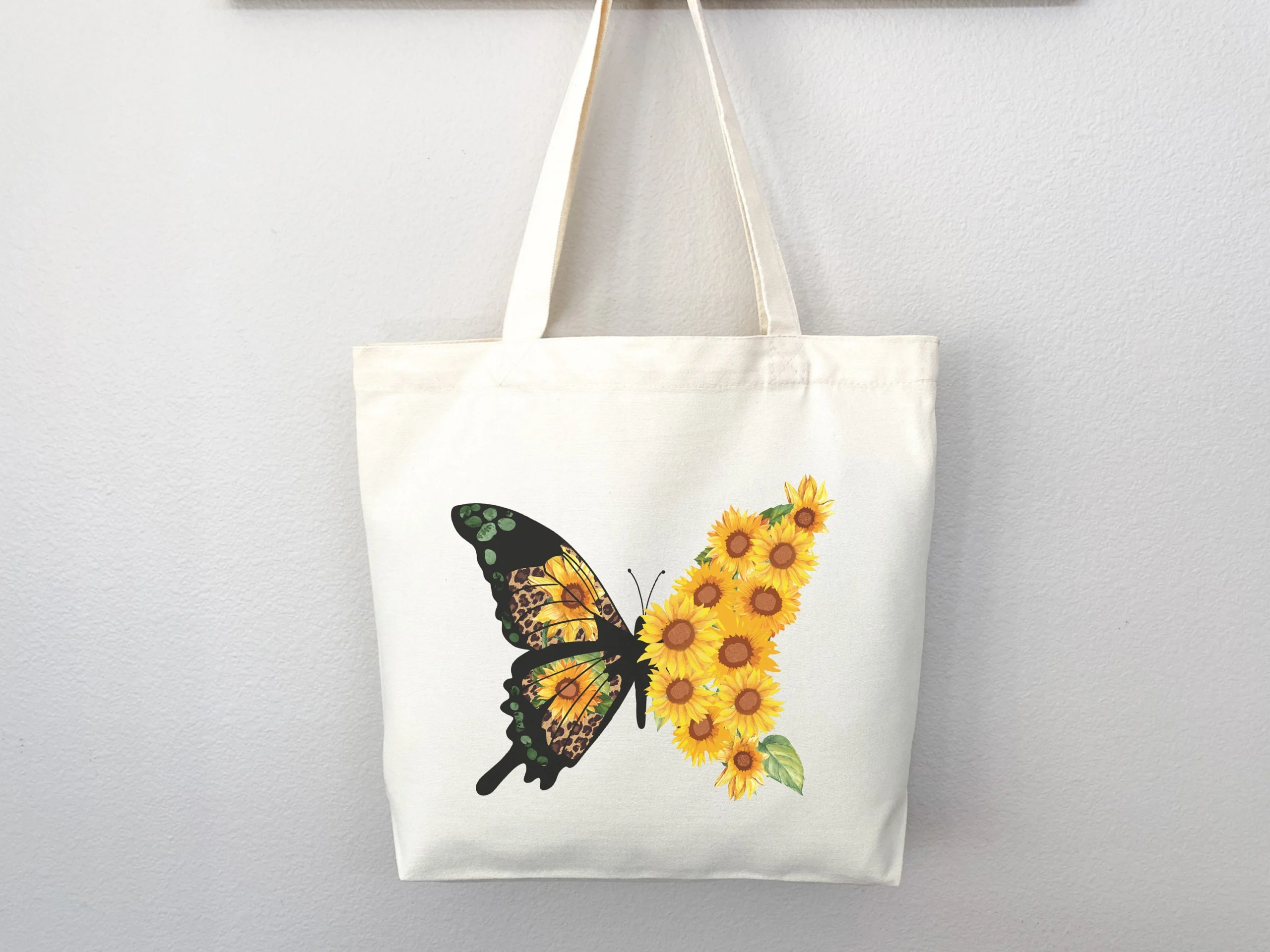 Two-Half Butterfly And Sunflower Canvas Tote Bag