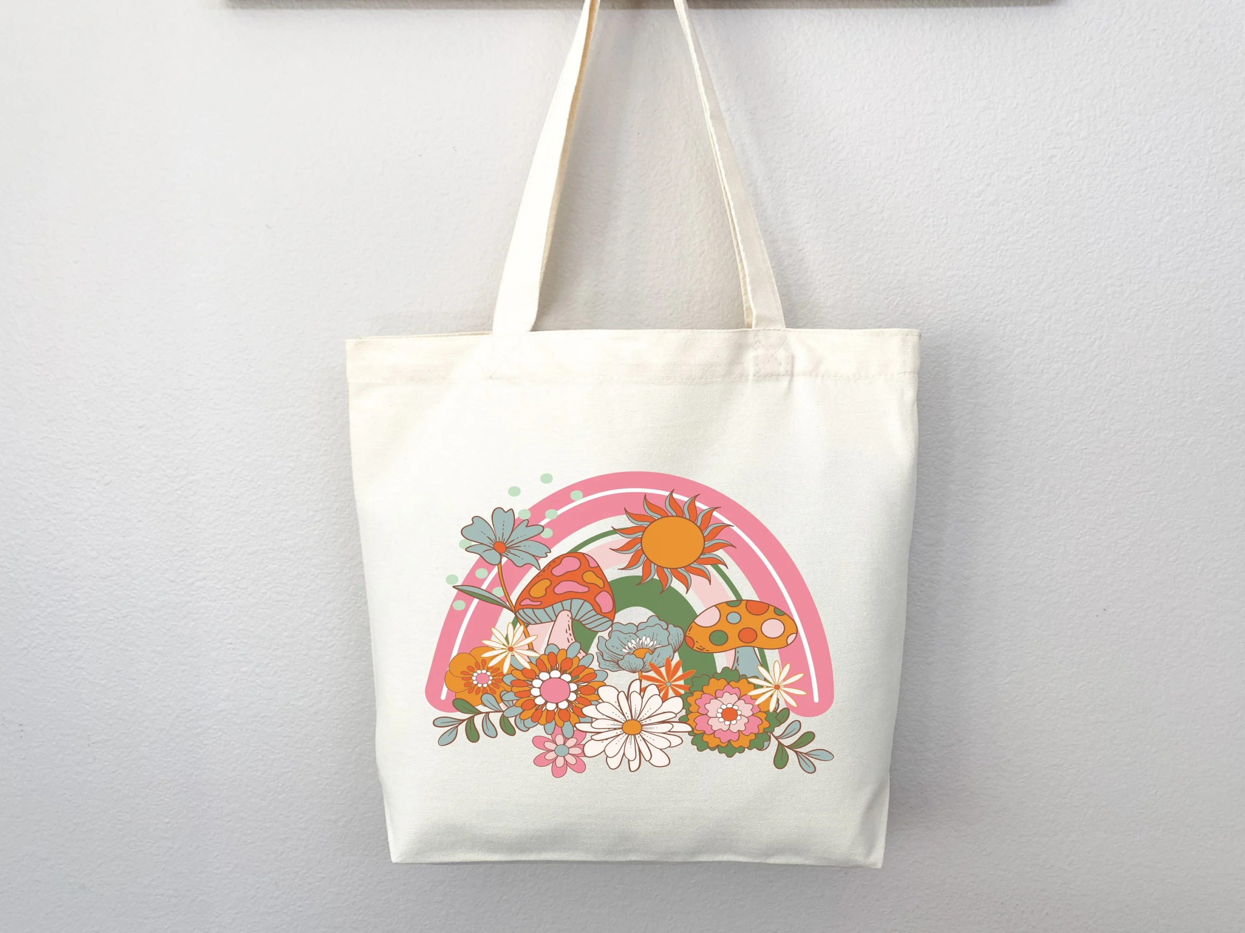 Vibrant Mushroom and Daisy Canvas Tote Bag