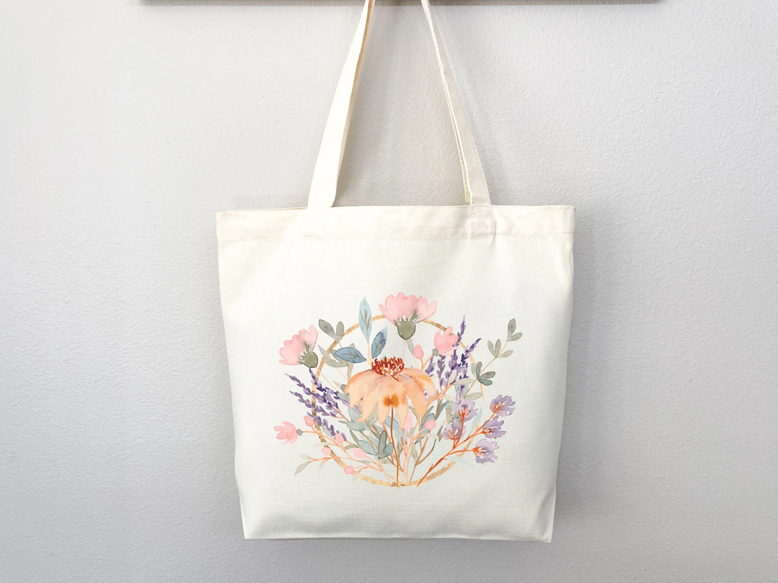Watercolor Floral Wreath Print Canvas Tote Bag